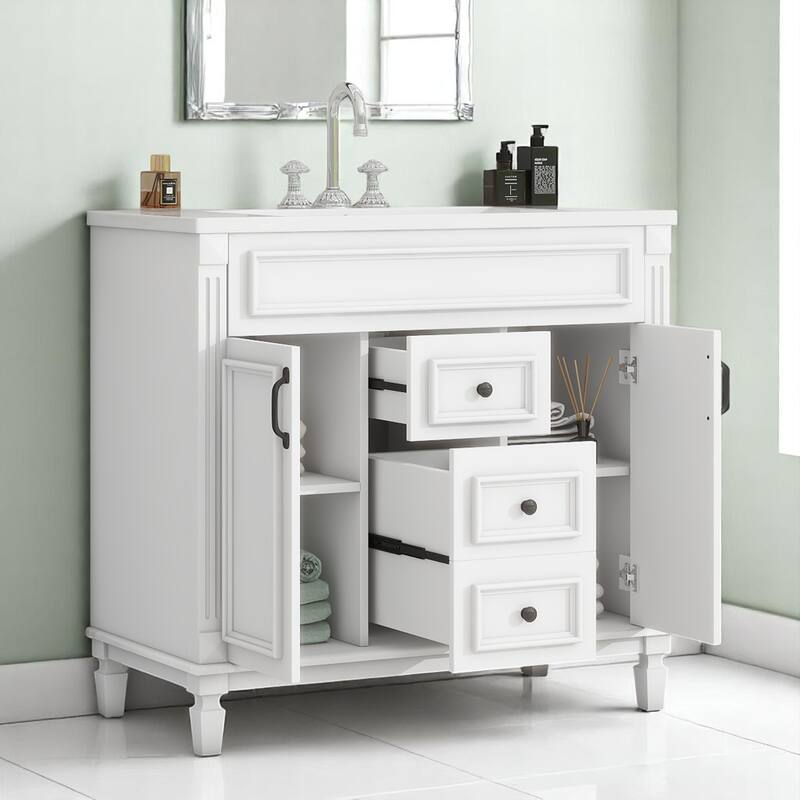 36 Inch Freestanding Bathroom Vanity with Sink, 2 Soft-Close Doors & 2 Drawers, Rectangular Ceramic Basin Included