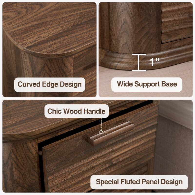 22" Wide Fluted Nightstand with Charging Station, Modern End Table, Wood 3 Drawer Dresser, Large Bedside Tables