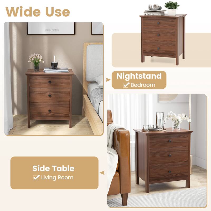 Gymax Set of 2 3-Drawer Nightstands Wooden Bedside Table Modern Side