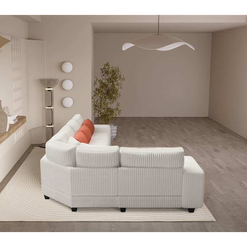 Beige 142" L-Shaped 5-Seater Sofa with Wooden Armrests and Storage Shelves