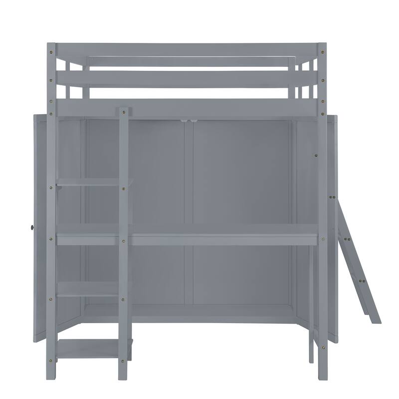 Full Pine Loft Bed with Wardrobe, Desk, Shelves, and Guardrail
