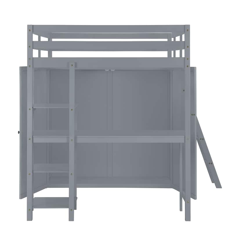 Full Size Loft Bed with Wardrobe, Desk, and Shelves - Space-Saving Design