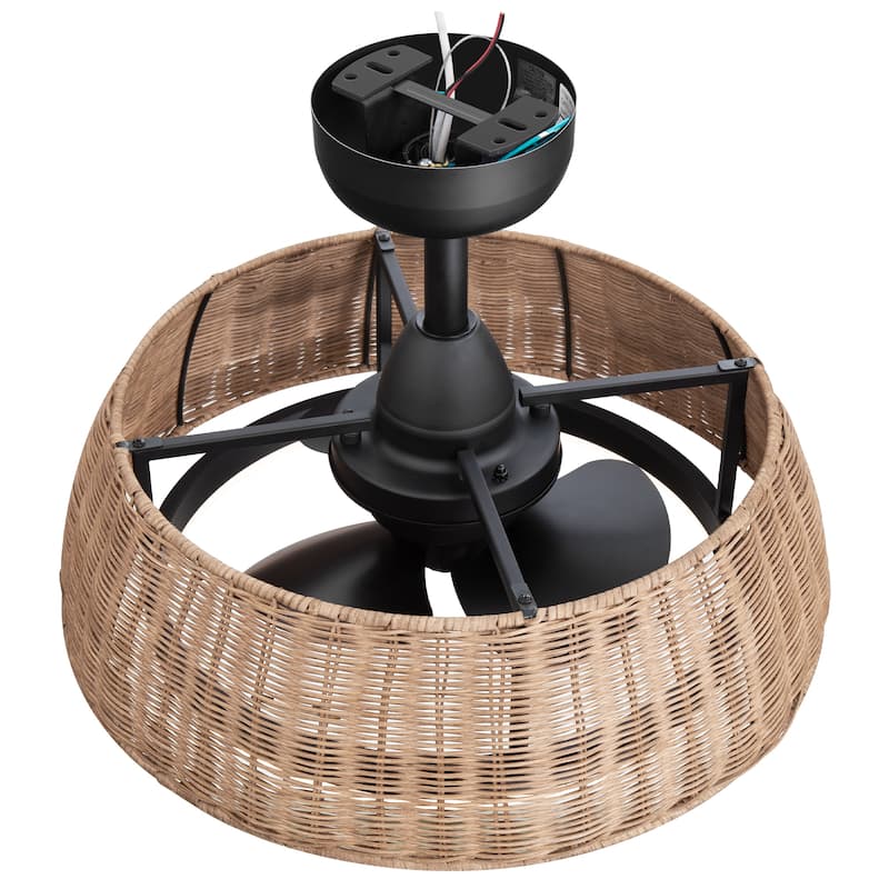 20-IN 3-Blade Rattan Caged Ceiling Fan with Dimmable LED Light and Remote
