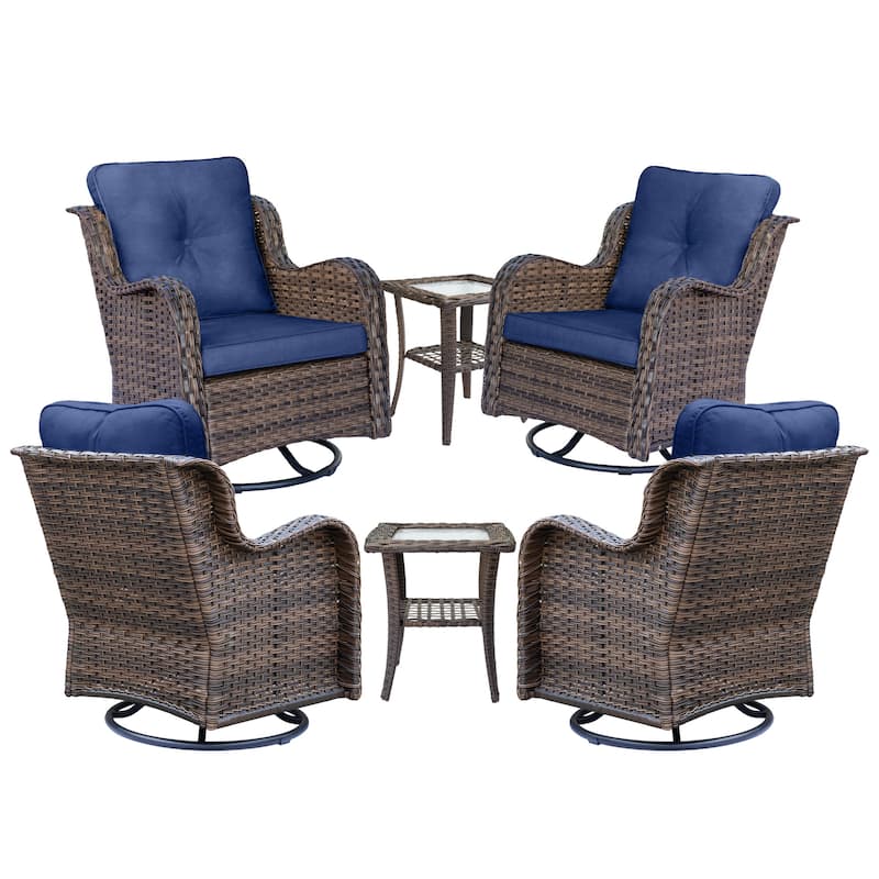 6 Piece Outdoor High Back Wicker Patio Conversation Swivel Chairs Sets