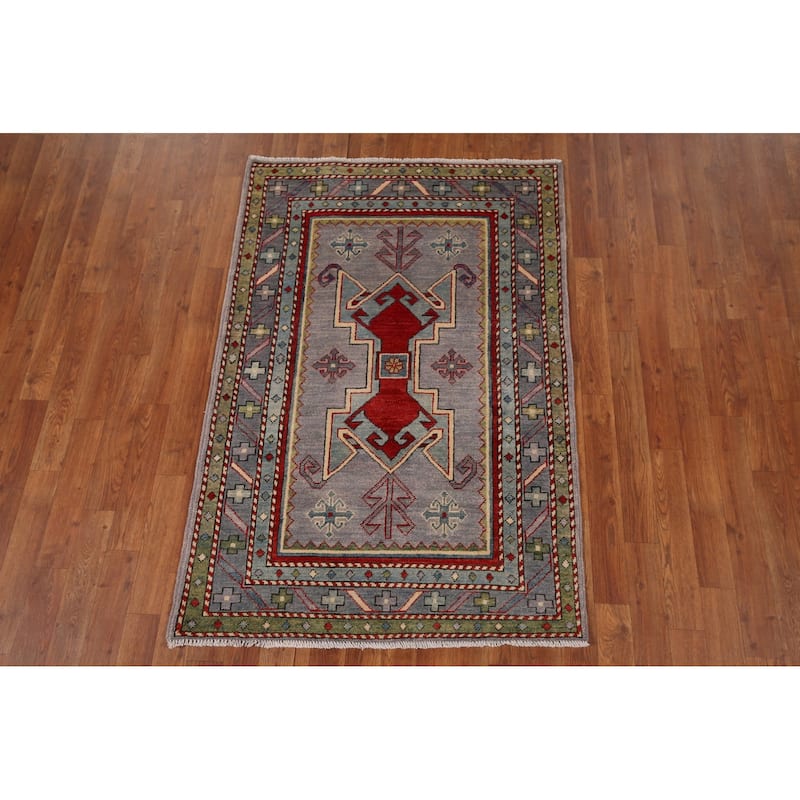 Grey Traditional Kazak Oriental Accent Rug Handmade Wool Carpet - 3'3" x 4'10"
