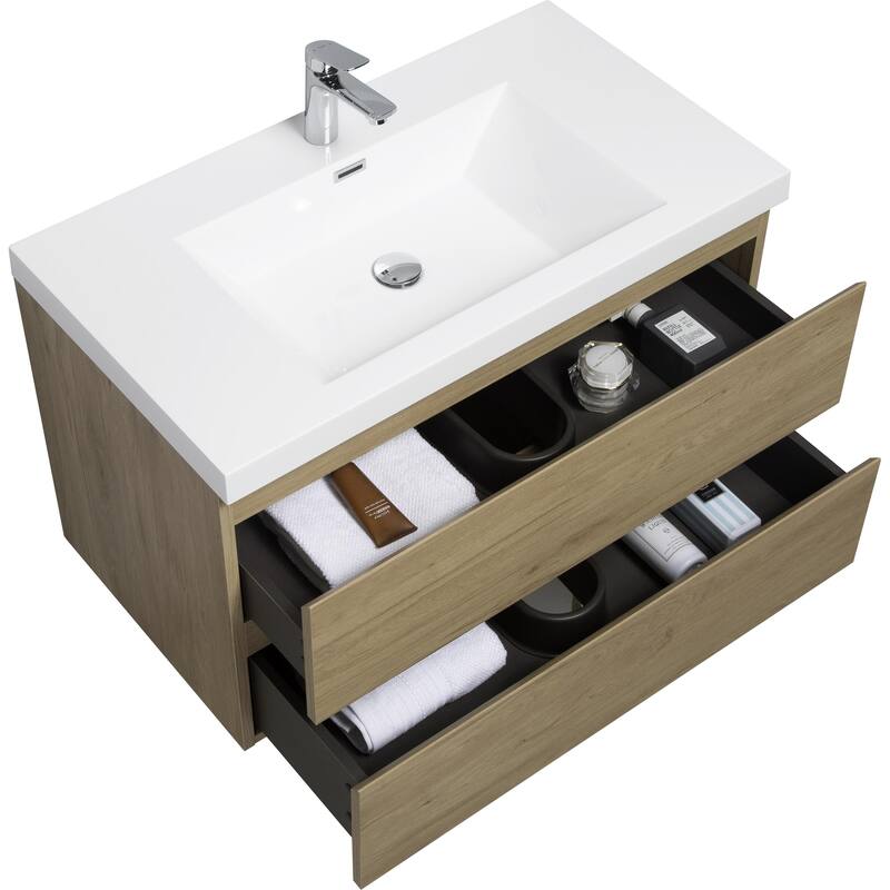 35.5-Inch Floating Bathroom Vanity with Glossy Resin Sink, Ash Grey Color, Wall-Mounted Design, 2 Drawers