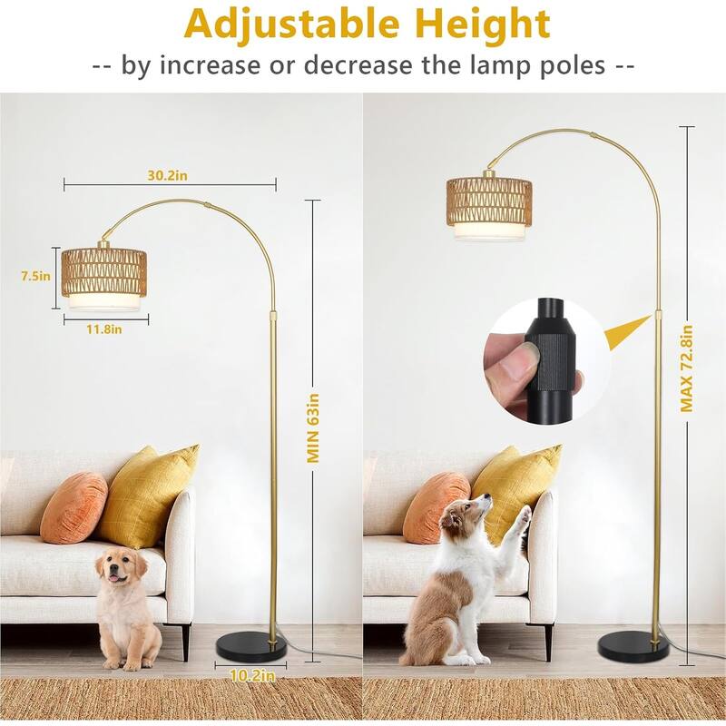Arc Floor Lamp,Rattan & Linen Shades,Adjustable Height Floor Lamp with Remote & Dimming Bulb,Standing Lamp,3 Color Temperatures