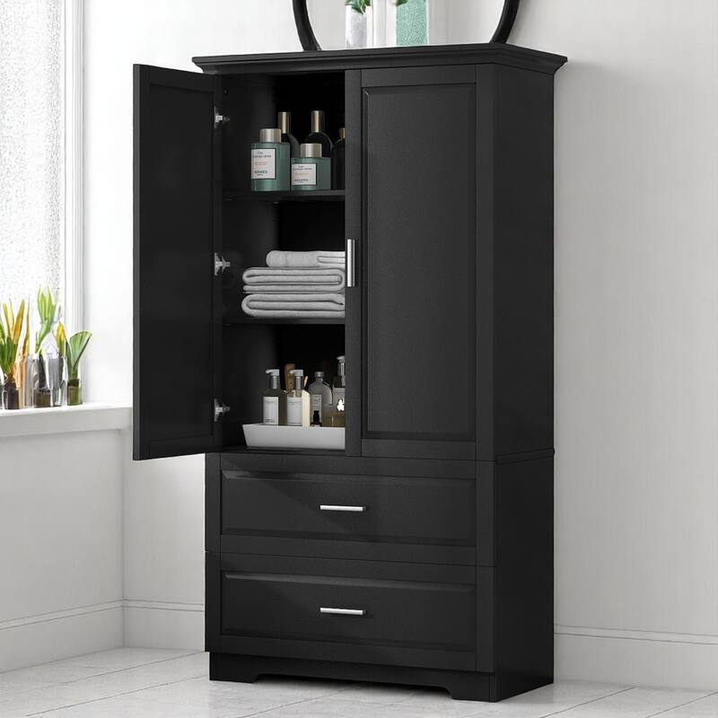 63.2'' Bathroom Storage Cabinet with Double Doors, 2 Drawers, Adjustable Shelf, Waterproof Painted MDF