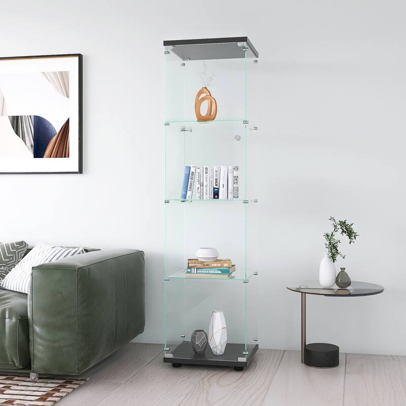 4 Layer Shelves Glass Display Cabinet w/Quick-Install Floor Standing Curio Bookshelf for Living Room Study or Collection Room - Black