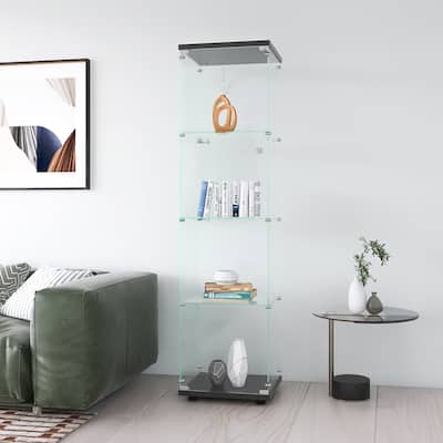 4 Layer Shelves Glass Display Cabinet w/Quick-Install Floor Standing Curio Bookshelf for Living Room Study or Collection Room