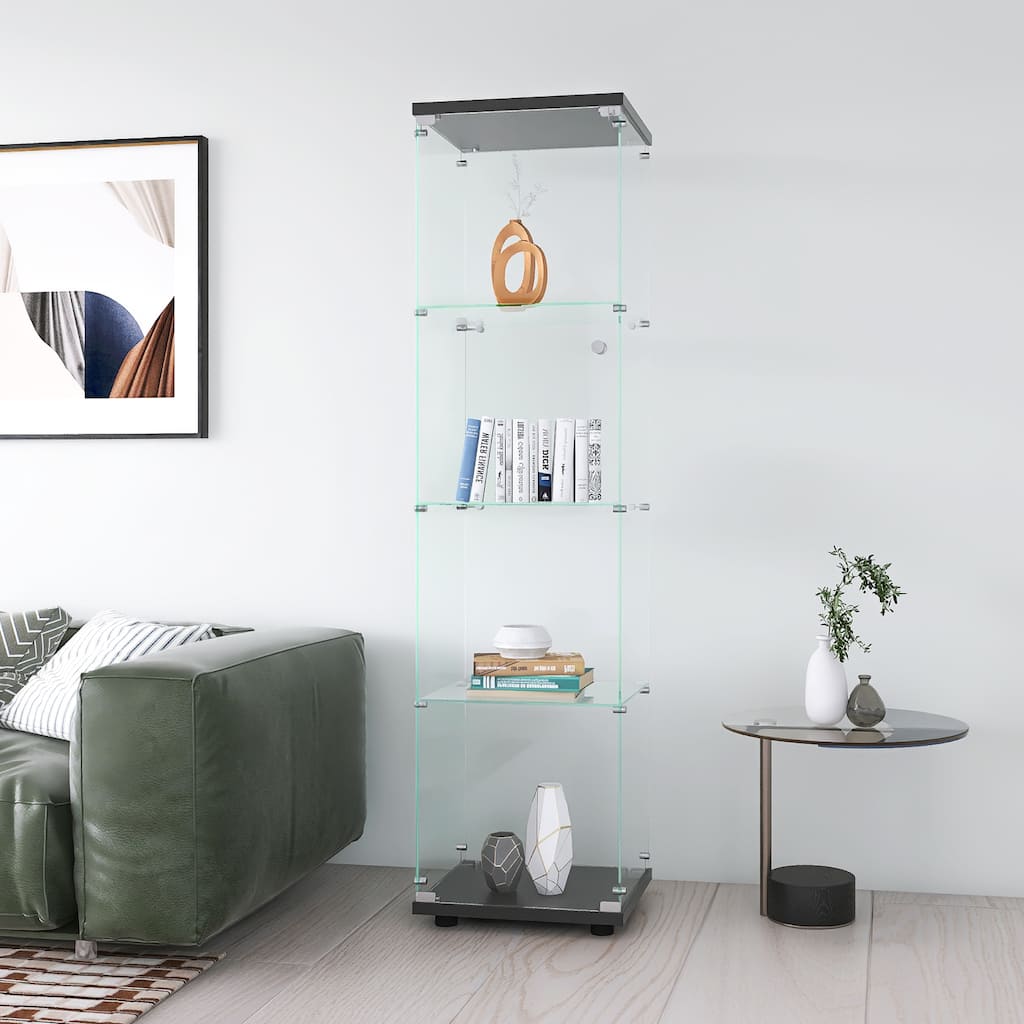 4 Layer Shelves Glass Display Cabinet w/Quick-Install Floor Standing Curio Bookshelf for Living Room Study or Collection Room