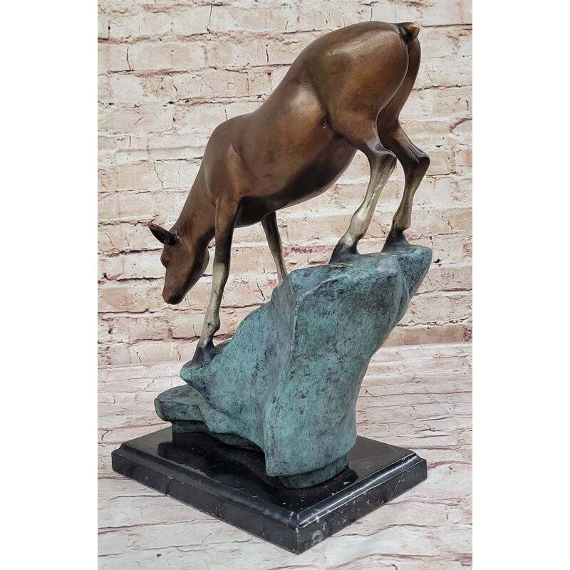Limned Edition Bronze Deer Sculpture – Graceful Doe Drinking Water Statue