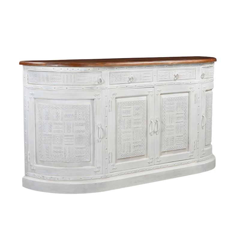 HomeRoots 69" White And Brown Solid Wood Carved Geometric Four Drawer Four Door Sideboard - 69.00 in. x 36.00 in. x 18.00 in.