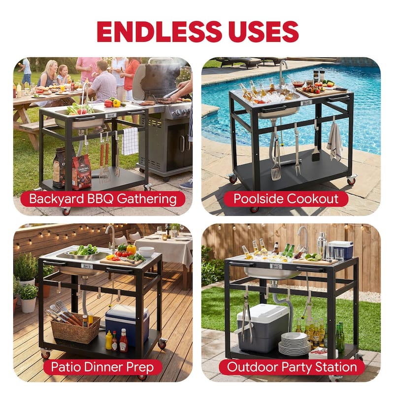 FEASTO 35-Inch Outdoor Grill Cart with Stainless Steel Sink, Rolling BBQ Prep Table with Faucet, Storage Shelves and Wheels