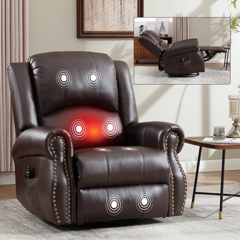 Heat Massage Manual Recliner Chair with Rocker and Swivel in Fabric for Living Room - Brown