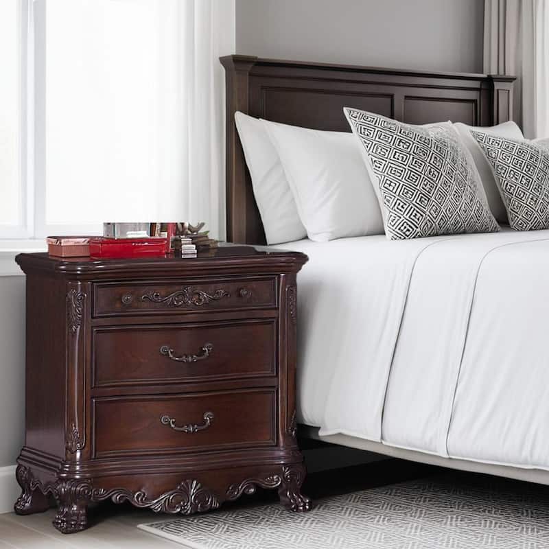 Wooden Night Stand With Intricate Carvings Cherry Brown