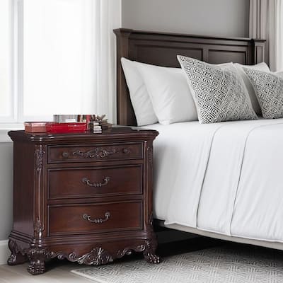 Wooden Night Stand With Intricate Carvings Cherry Brown