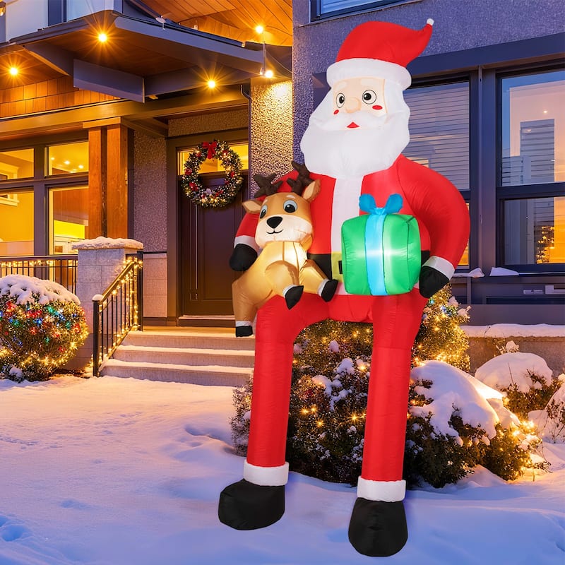 9.5ft Christmas Inflatable Santa with Reindeer and Gift Box for Outdoor Lawn Decoration