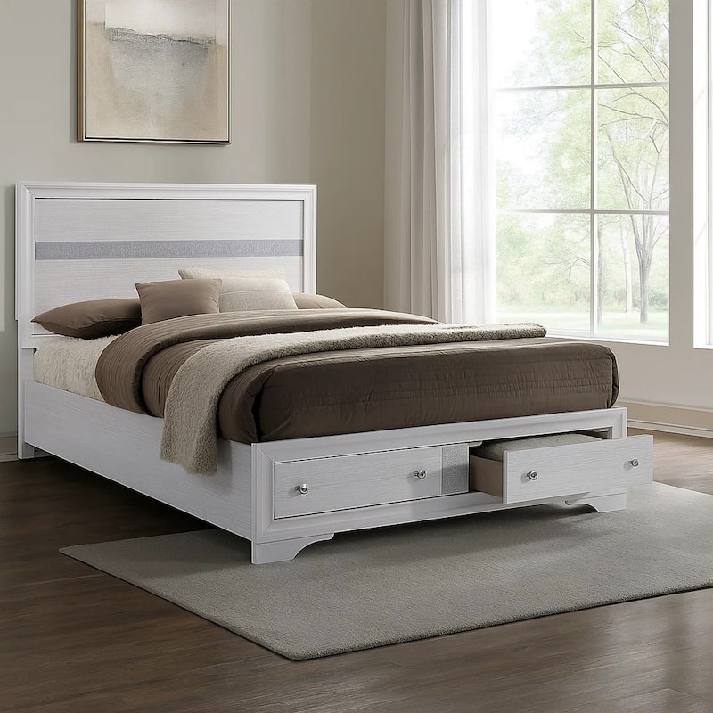 Cevy Full Size Bed, Footboard Drawers, White Wood w Glitter Accents