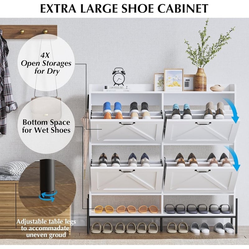 Shoe Cabinet with 4 Flip Drawers and Open Shelves