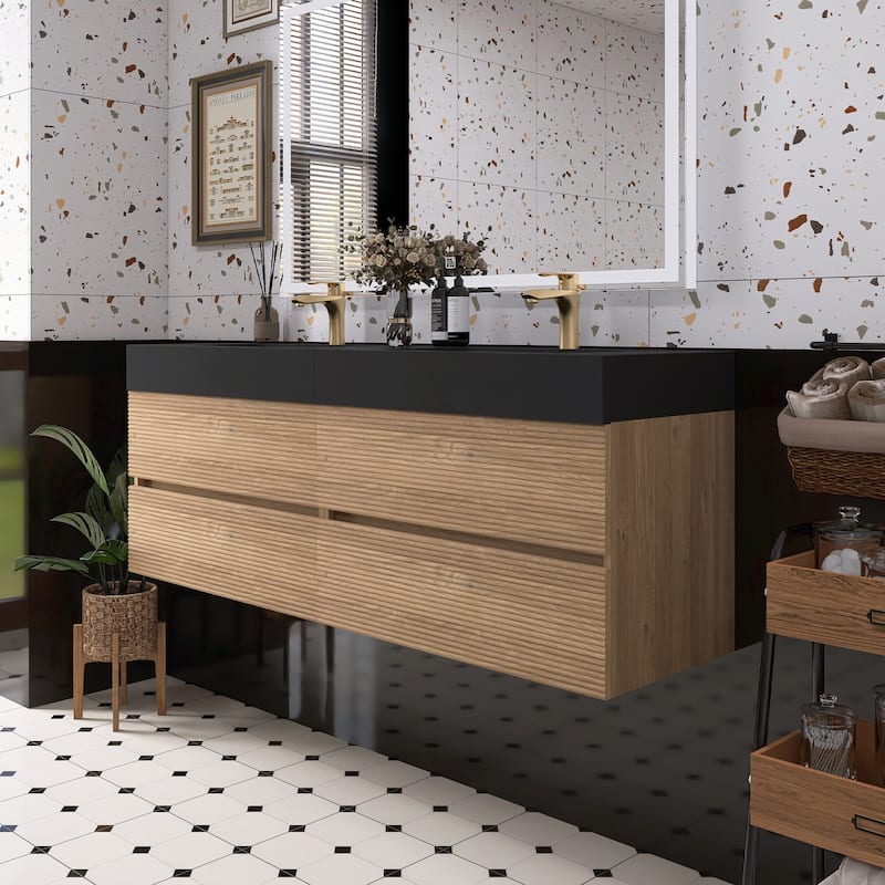 Wall Mounted Bathroom Vanity with Solid Surface Sink and Soft Drawers