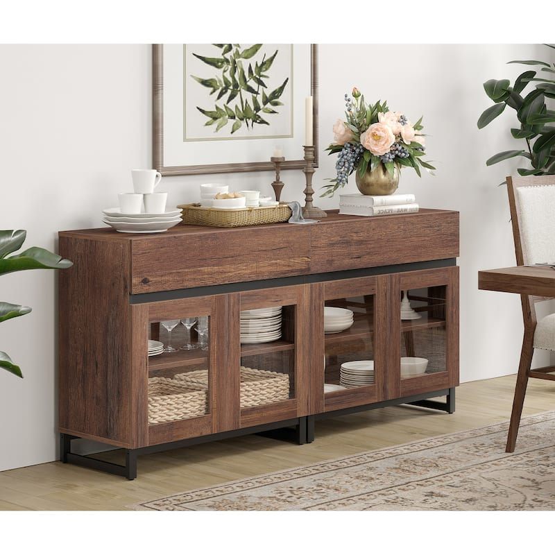 WAMPAT Multifunctional Sideboard Buffet Cabinets with 6 Glass Doors and Drawers, Modern Sideboard, Coffee Bar Storage Cabinet - 2PACK - Brown