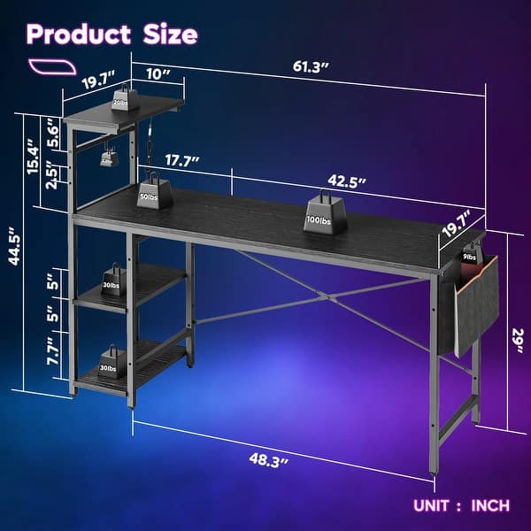 dimension image slide 1 of 6, 61" Gaming Desk Computer Desk with LED Lights Storage Shelves and Side Bag Home Office Desk