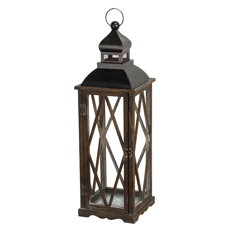 Glitzhome 2-Piece Oversize Farmhouse Wood/ Metal Candle Holders Outdoor Hanging Lanterns