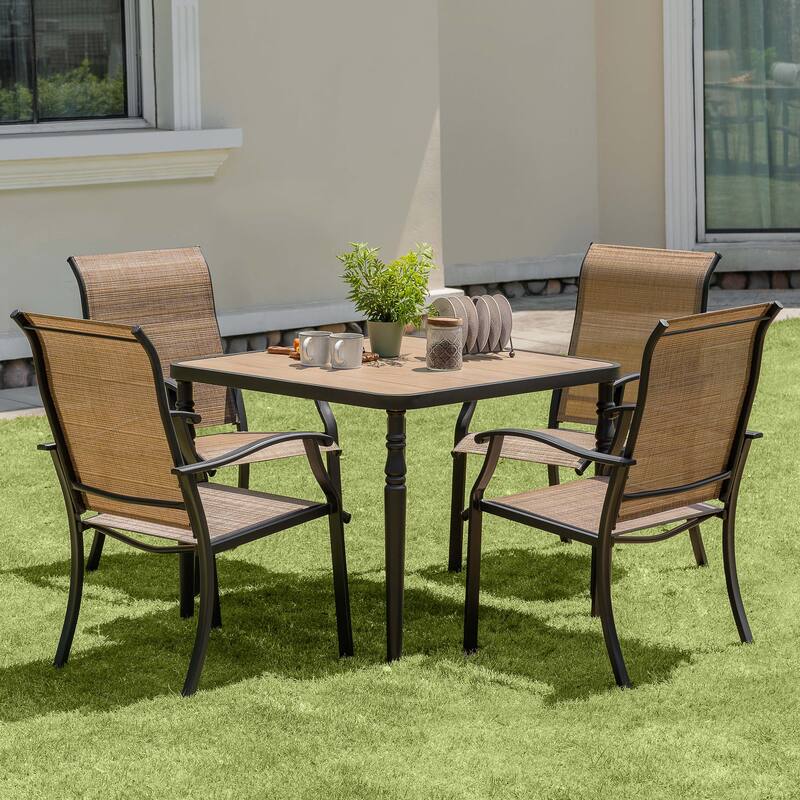 Patio Square Dining Table with Umbrella Hole, Wood-Grain Tabletop