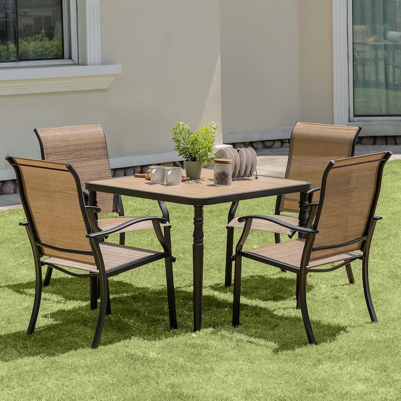 Patio Textilene Dining Set of 5 with Umbrella Hole, Wood-Grain Tabletop