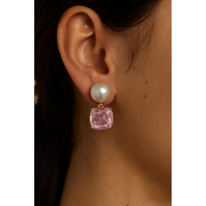 Pearl and Pink Crystal Drop Earring - 1" Long