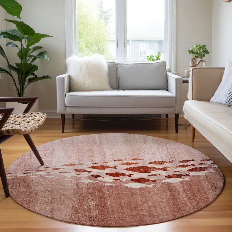 Machine Washable Indoor/ Outdoor Chantille Modern Sea Life Rug - Terracotta - 8' x 8'