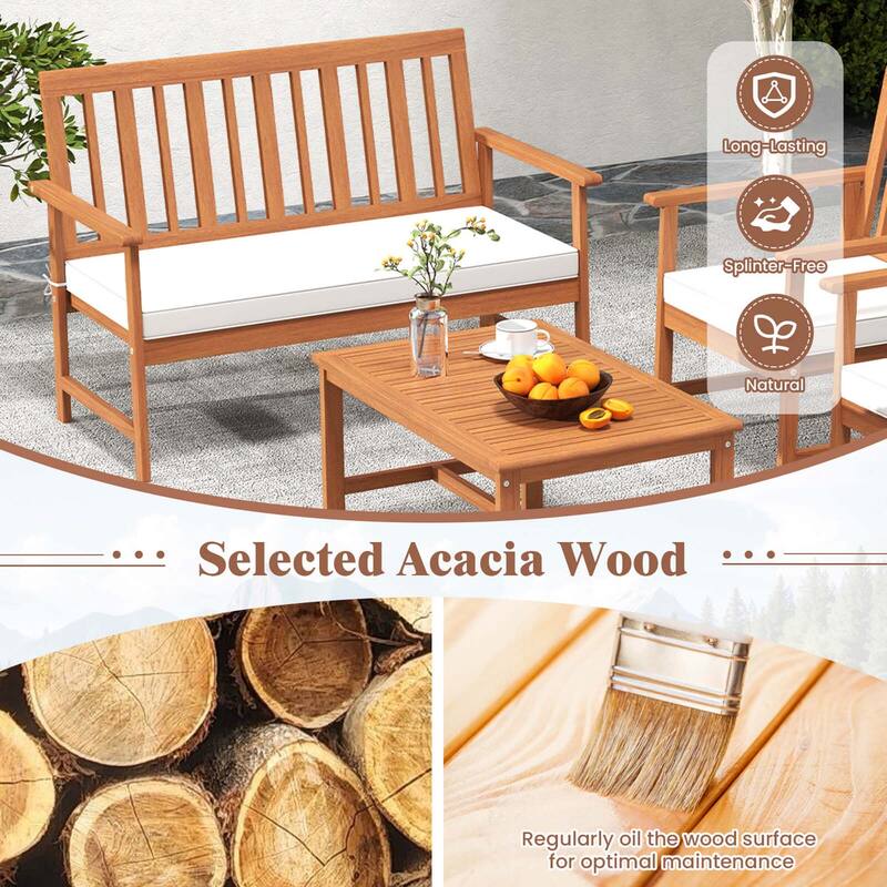 Costway 4/8 PCS Acacia Wood Furniture Set Coffee Table & 2 Armchairs