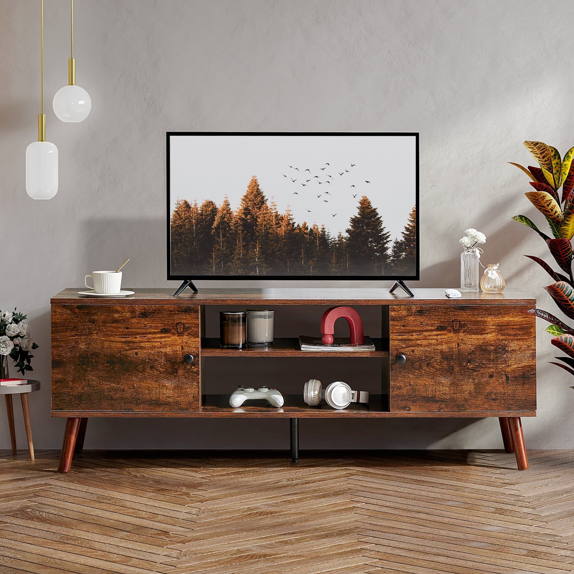 Mid-Century Modern TV Stand for up to 60-inch TVs with 2 Storage Cabinets, Adjustable Shelf and Cable Management