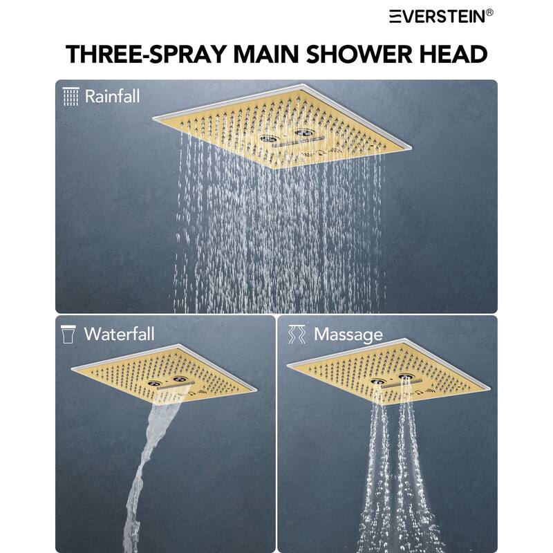 Shower Faucet System 16" Ceiling Mount Shower Head 3 Spray Modes Body Jets Handheld Spray with Slide Bar LED Music