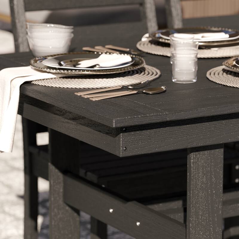 Outdoor Dining Table and Chair Set: HDPE Material, Wood - Grain Design