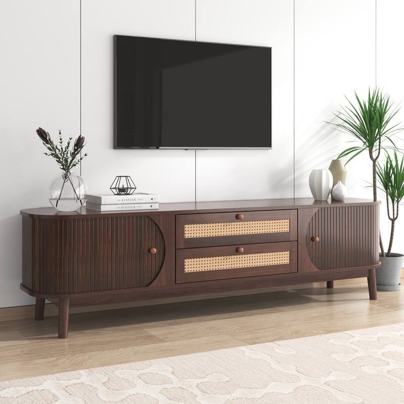 Stylish White MDF TV Stand with Rattan Drawers and Solid Wood Legs - Ample Storage and Easy Cable Management.