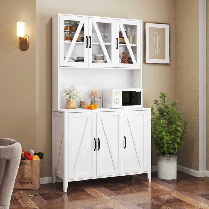 Large Kitchen Pantry Storage Cabinet with Glass Doors and Drawer, Wood Buffet Cupboard with Open Countertop