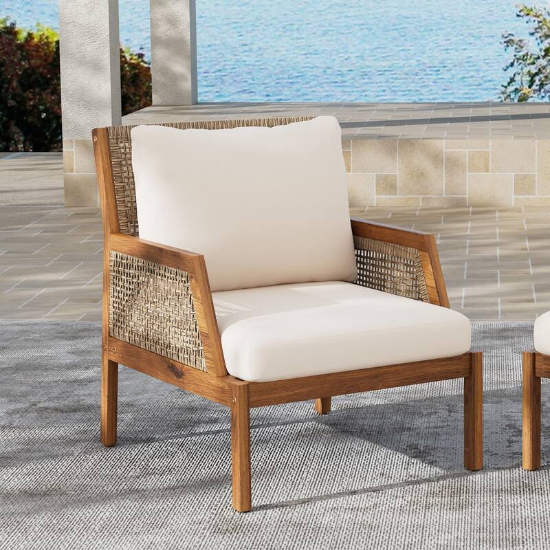 Roomfitters Acacia Wood Outdoor Club Chair with Wicker Accents, Deep Seating, Teak and Mix Brown