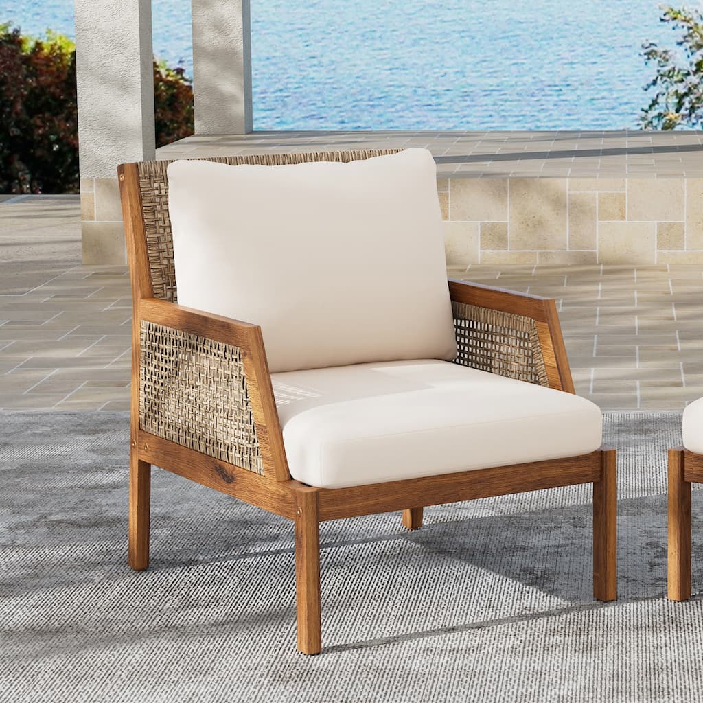 Roomfitters Acacia Wood Outdoor Club Chair with Wicker Accents, Deep Seating, Teak and Mix Brown