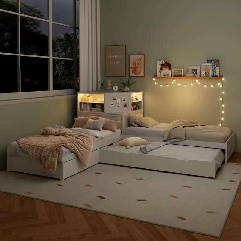 All-in-one Low Profile Platform Bed with Trundle and Drawer, Wooden Floor Bed Linked Corner Bed Built-in Desk and Led Downlight