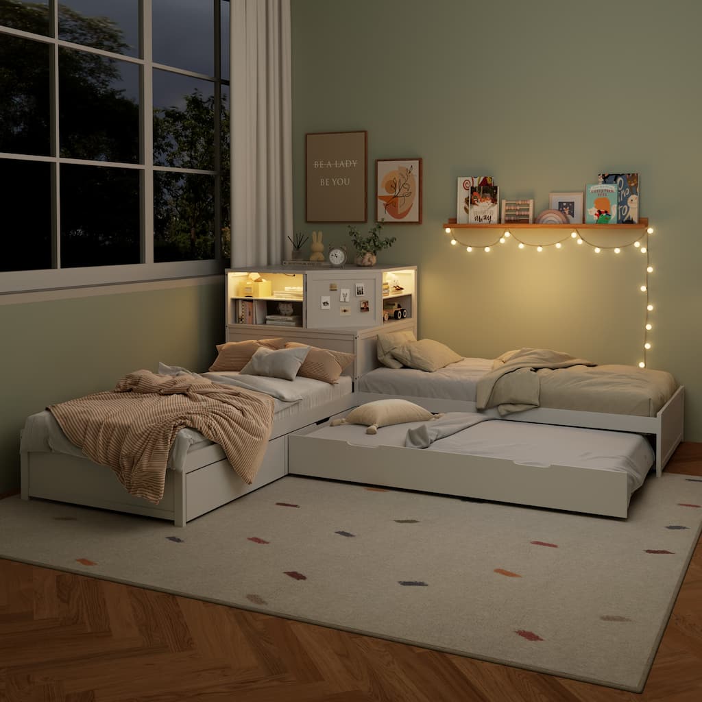 L-shaped Twin Size Floor Bed with Bookcase Built-in Downlights, 3-in-1 Corner Low Profile Platform Bed with Trundle and Drawers