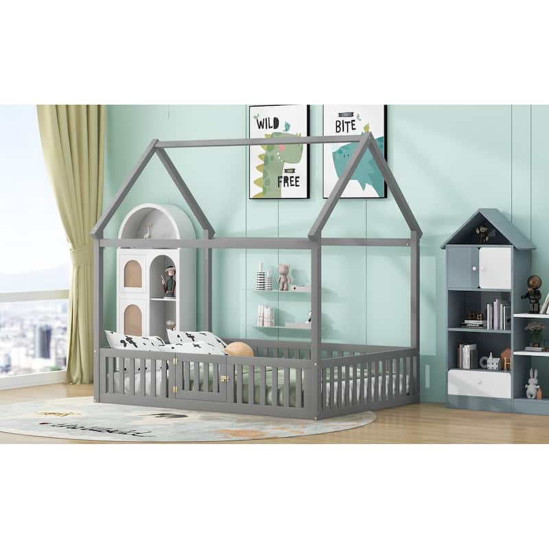 Full Size Wood House Bed with Fence and Door