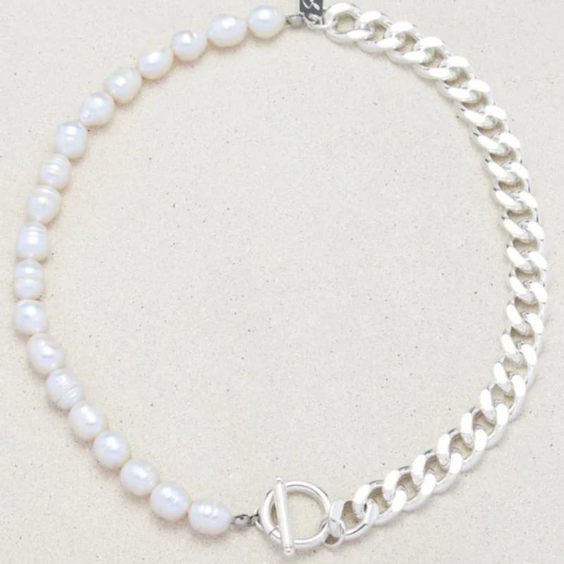 Bliss Diamond Fresh Water Pearl Half Curb Link Necklace 18" Toggle Clasp