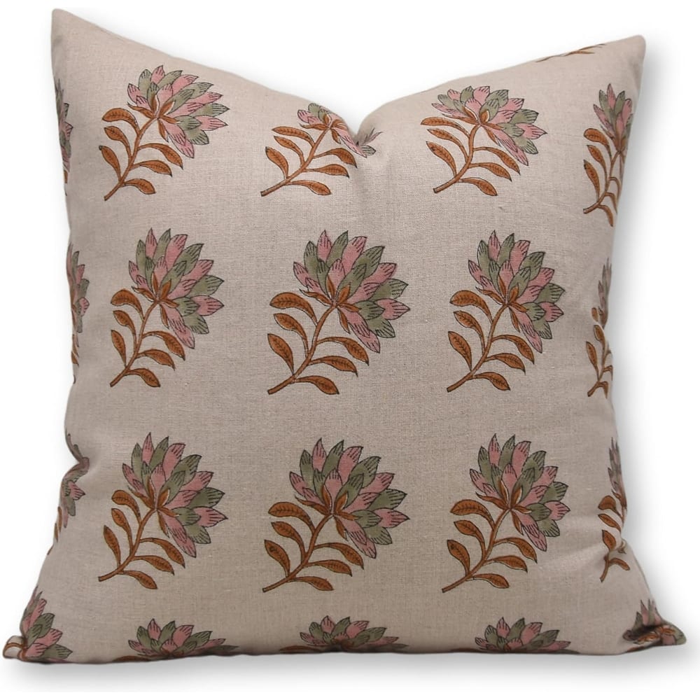 Fabdivine Earth Tone Pure Linen Block Print Pillow Cover Farmhouse, Summer Flower