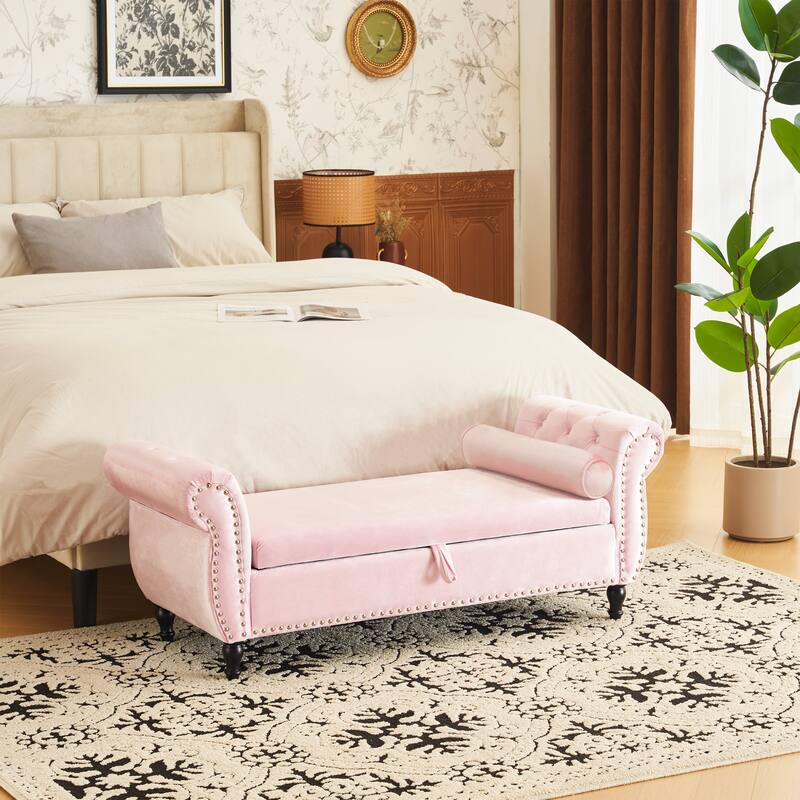 Velvet Multifunctional Storage Rectangular ottoman bench with 1 Pillow