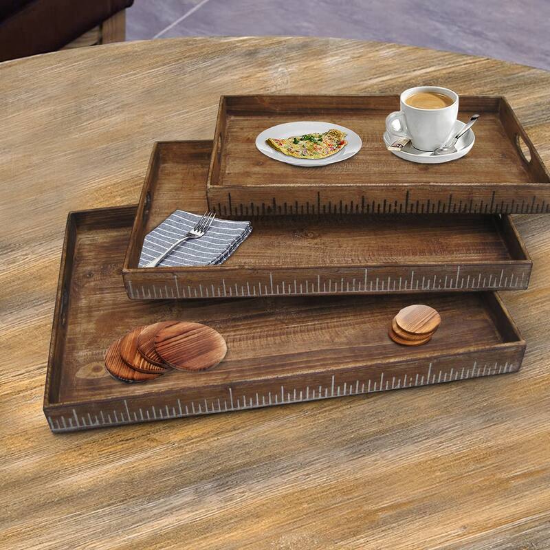 Wooden Tray with Grain Details and Cut Out Handles, Set of 3, Brown