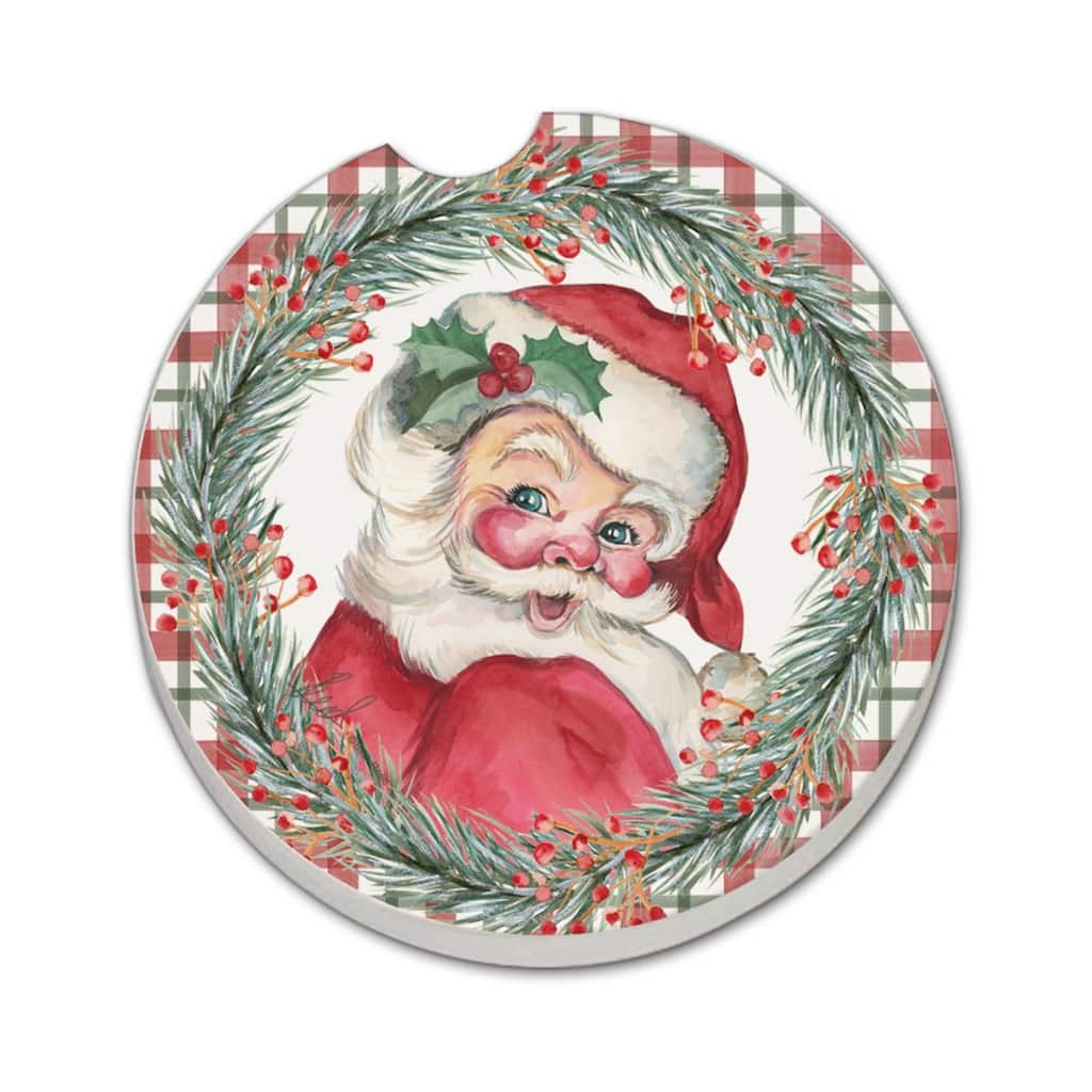 Vintage Santa 2 Pack Absorbent Stone Coaster for Vehicle Cup Holder 2.6” Diameter Manufactured in The USA