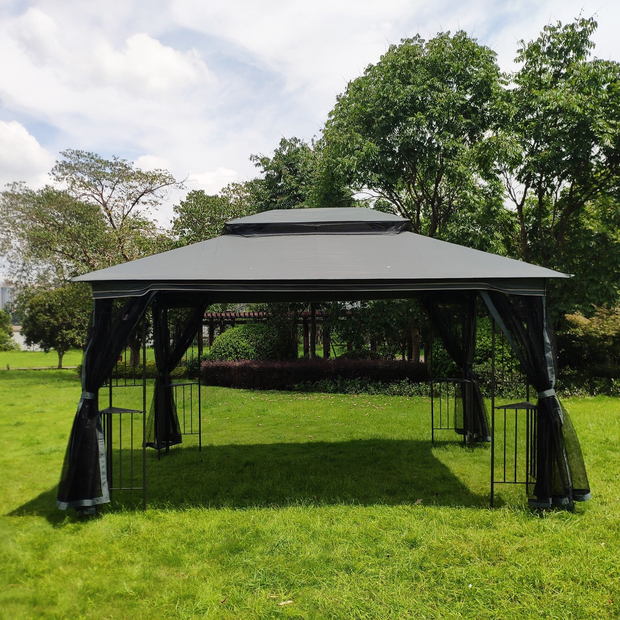 Outsunny 12 x 12 Outdoor Canopy Tent Party Gazebo with Double Tier Roof Steel Frame Included Ground Stakes Beige Bed Bath Beyond 33245911
