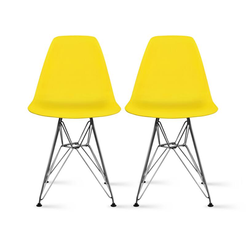 Set of 2 Modern Designer Plastic Dining Chairs with Aluminum Metal Legs, Accent Side Chairs - Yellow